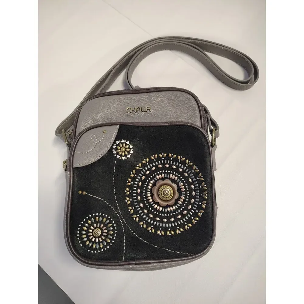 Chala Starburst Dazzled Organizer Crossbody Bag Boho Style Gray Taupe Brown